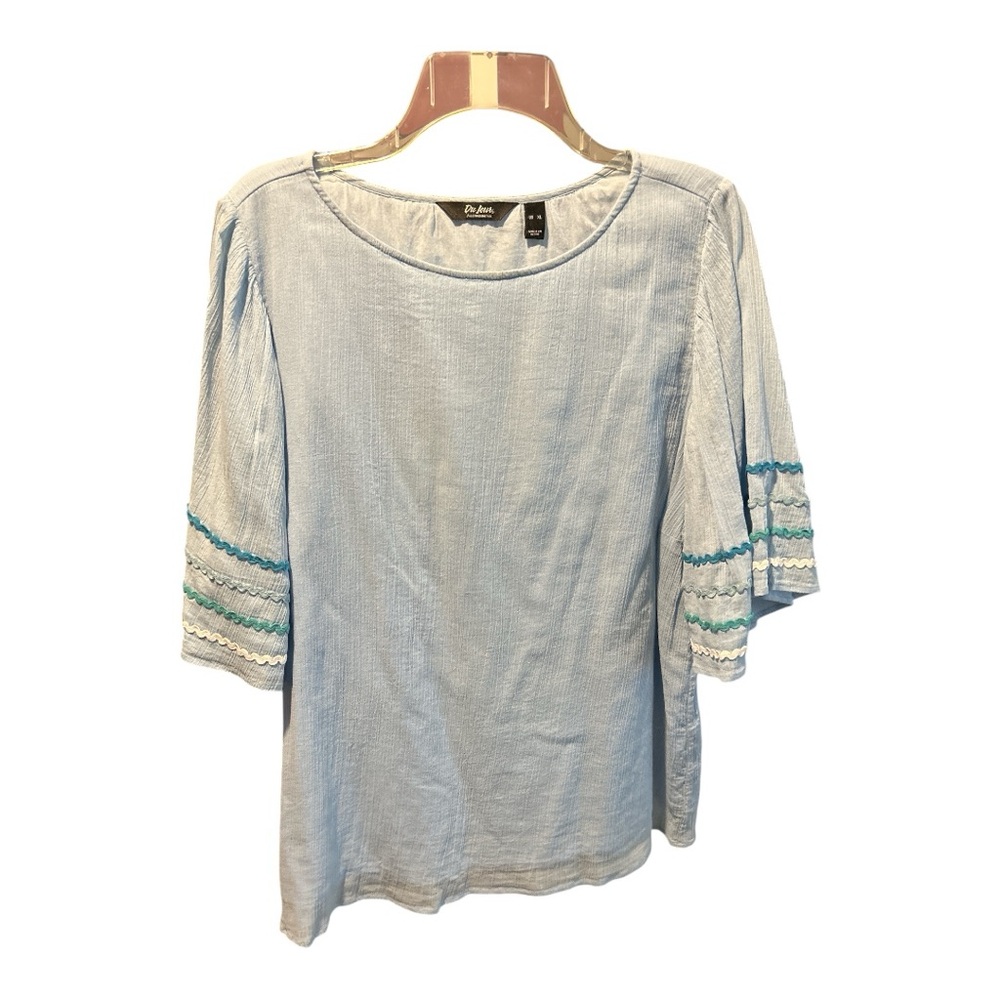 Du Jour Light Blue Blouse with Embroidered Sleeves